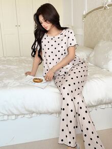 Feyla Women's Polka Dot Print Casual Round Neck Short Sleeve Pajama Set - Pink - View 4
