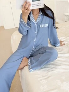 Feyla Set Piyama Lengan Panjang Berkerah Motif Garis-Garis Merah Muda - Biru Langit - View 5