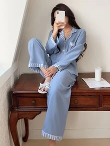 Feyla Set Piyama Lengan Panjang Berkerah Motif Garis-Garis Merah Muda - Biru Langit - View 6