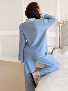 Feyla Set Piyama Lengan Panjang Berkerah Motif Garis-Garis Merah Muda - Biru Langit - View 4