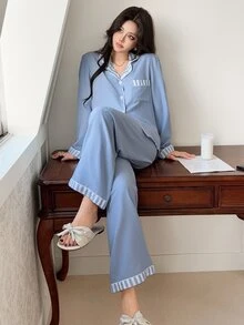 Feyla Set Piyama Lengan Panjang Berkerah Motif Garis-Garis Merah Muda - Biru Langit - View 1