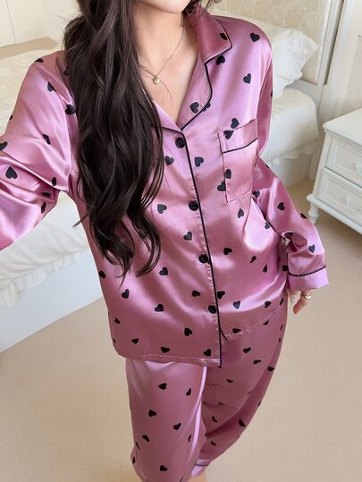 Feyla Heart Print Contrast Piping Satin PJ Set / Pajama Set, Fall Clothes Cozy And Elegant Details, Winter