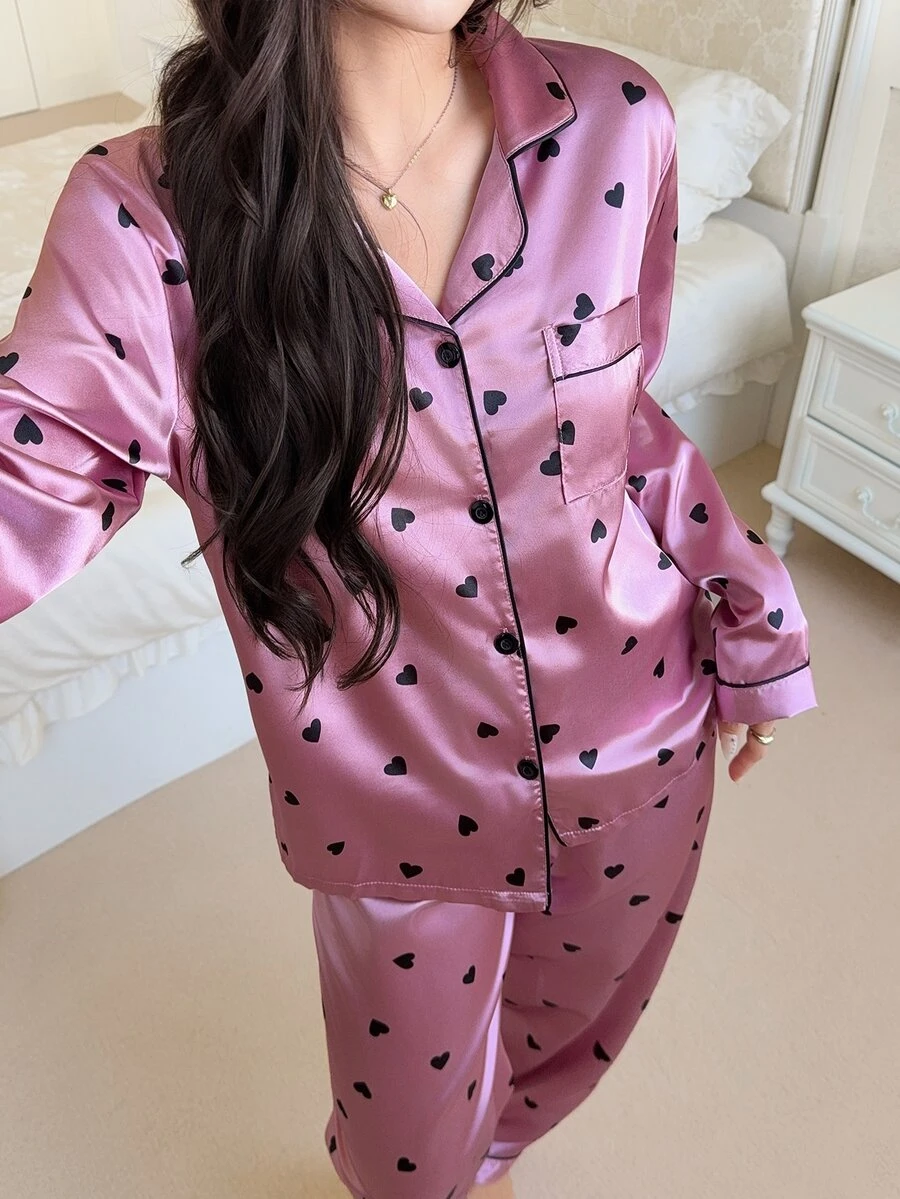 Feyla Bộ đồ ngủ satin in họa tiết trái tim tương phản, trang phục mùa thu ấm áp và thanh lịch, mùa đông - Hồng - Xem 1