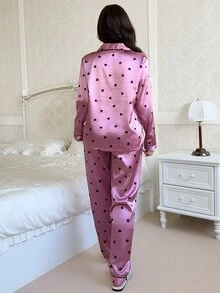 Feyla Bộ đồ ngủ satin in họa tiết trái tim tương phản, trang phục mùa thu ấm áp và thanh lịch, mùa đông - Hồng - Xem 2