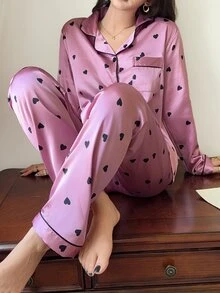 Feyla Bộ đồ ngủ satin in họa tiết trái tim tương phản, trang phục mùa thu ấm áp và thanh lịch, mùa đông - Hồng - Xem 3