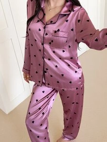 Feyla Bộ đồ ngủ satin in họa tiết trái tim tương phản, trang phục mùa thu ấm áp và thanh lịch, mùa đông - Hồng - Xem 7