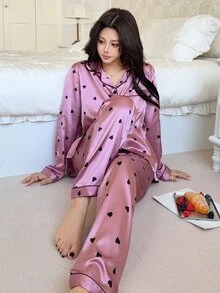 Feyla Bộ đồ ngủ satin in họa tiết trái tim tương phản, trang phục mùa thu ấm áp và thanh lịch, mùa đông - Hồng - Xem 4