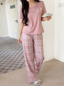 Feyla Letter & Heart Print Pajama Set With Pink & White Plaid Lounge Pants - Pink - View 7