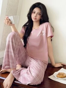 Feyla Letter & Heart Print Pajama Set With Pink & White Plaid Lounge Pants - Pink - View 1