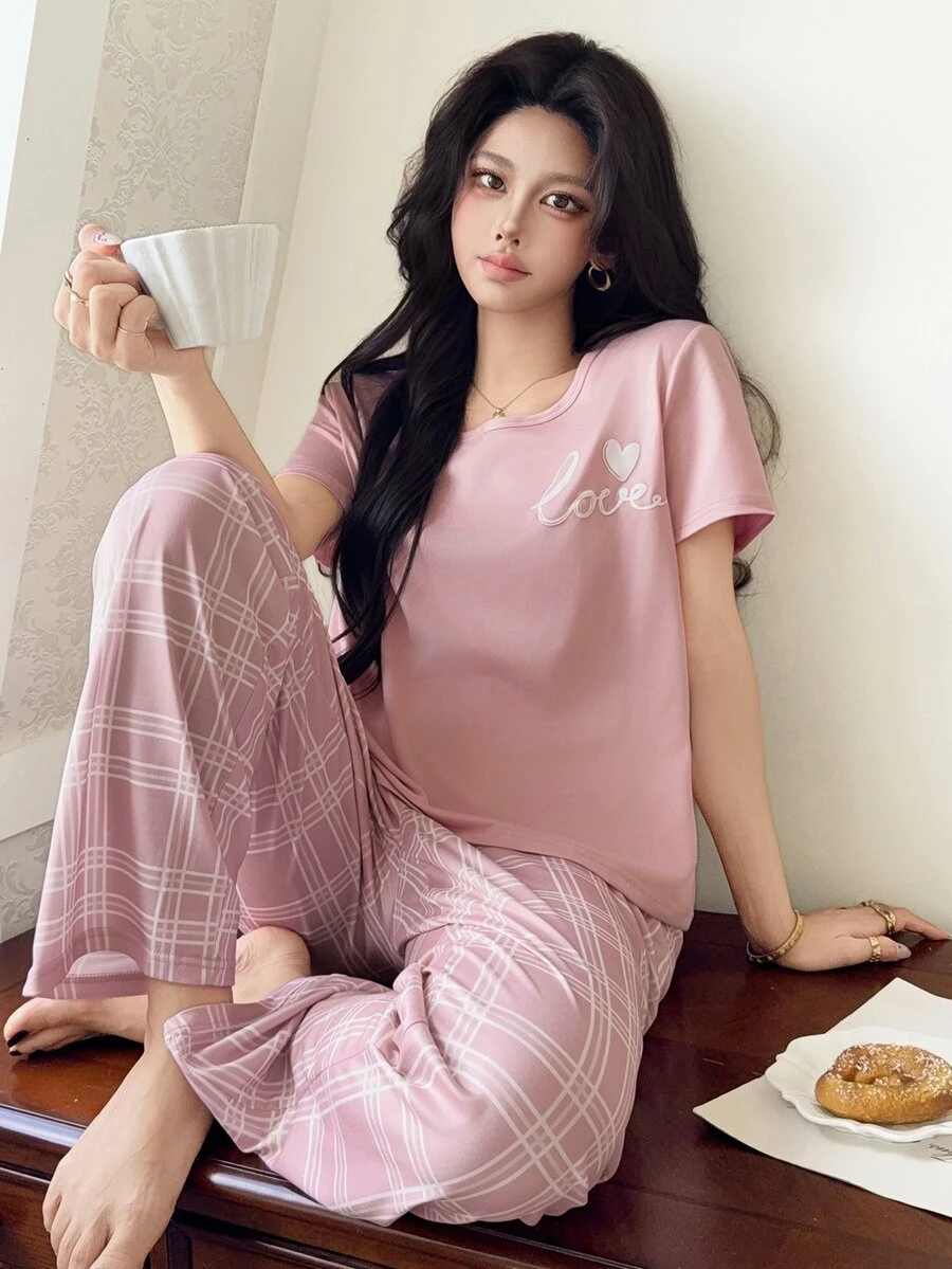 Feyla Letter & Heart Print Pajama Set With Pink & White Plaid Lounge Pants - Pink - View 1