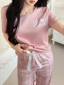 Feyla Letter & Heart Print Pajama Set With Pink & White Plaid Lounge Pants - Pink - View 6