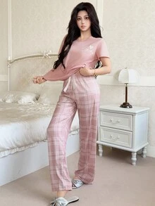 Feyla Letter & Heart Print Pajama Set With Pink & White Plaid Lounge Pants - Pink - View 4