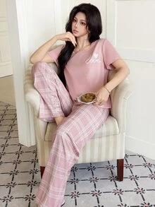 Feyla Letter & Heart Print Pajama Set With Pink & White Plaid Lounge Pants - Pink - View 3