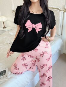 Feyla Bow Print Round Neck Short Sleeve Top And Long Pants Pajama Set For Women Bowknot - Multicolor - View 7
