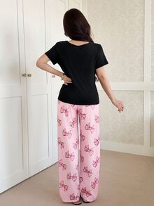 Feyla Bow Print Round Neck Short Sleeve Top And Long Pants Pajama Set For Women Bowknot - Multicolor - View 2