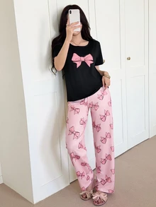 Feyla Bow Print Round Neck Short Sleeve Top And Long Pants Pajama Set For Women Bowknot - Multicolor - View 6