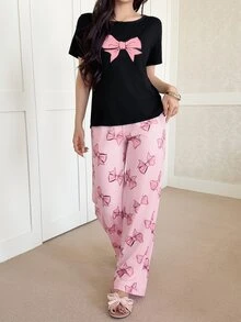 Feyla Bow Print Round Neck Short Sleeve Top And Long Pants Pajama Set For Women Bowknot - Multicolor - View 5