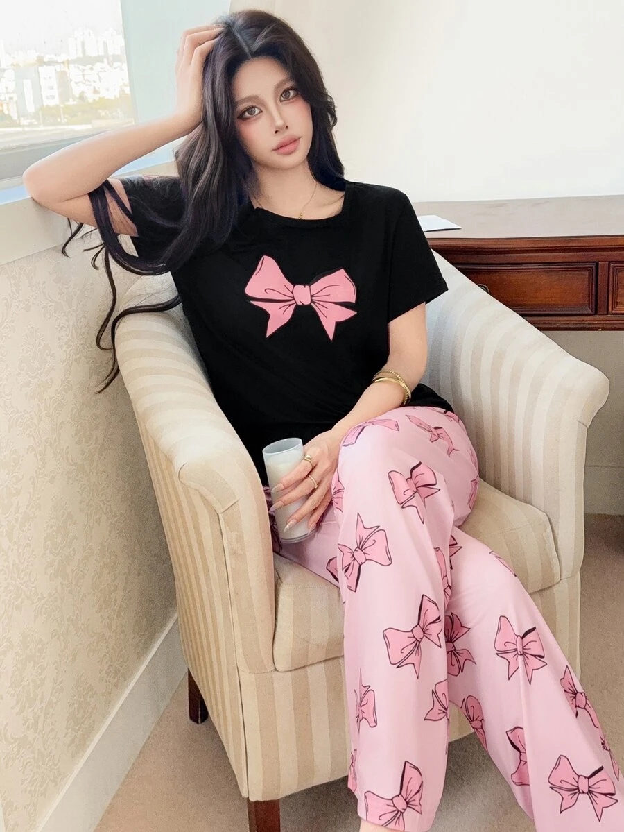 Feyla Bow Print Round Neck Short Sleeve Top And Long Pants Pajama Set For Women Bowknot - Multicolor - View 1