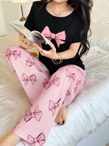 Feyla Bow Print Round Neck Short Sleeve Top And Long Pants Pajama Set For Women Bowknot - Multicolor - View 3