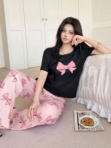 Feyla Bow Print Round Neck Short Sleeve Top And Long Pants Pajama Set For Women Bowknot - Multicolor - View 4