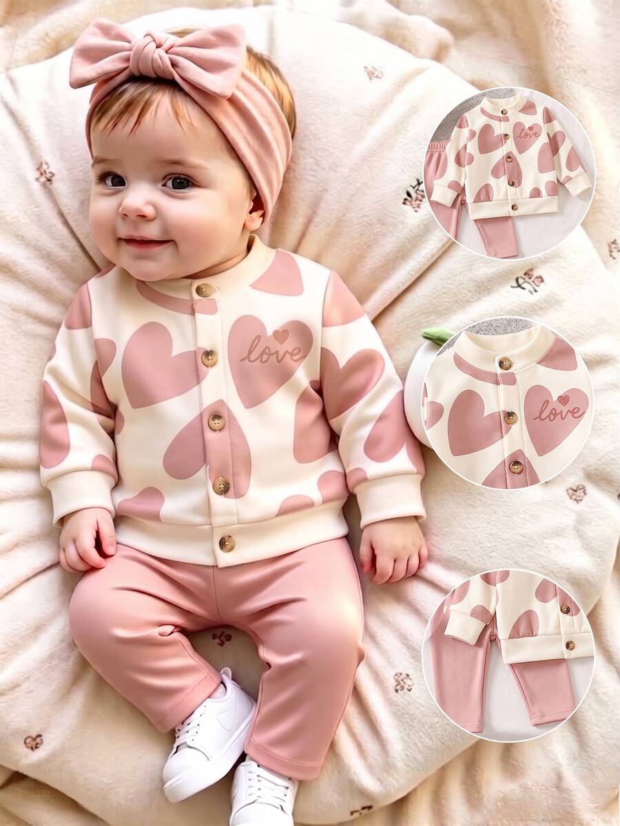 2pcs Newborn Baby Girl Casual Fashion Minimalist Sweet Cute Heart Print Round Neck Cardigan Jacket And Matching Leggings Set, Suitable For Autumn/Winter - Multicolor - View 1