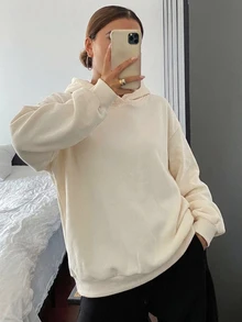 DAZY 秋季新款時尚基本款連帽休閒保暖內裡女款運動衫冬季 - 米色 - 查看 4
