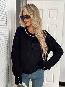 Elyressa Women's Autumn/Winter Faux Pearl Decor Round Neck Long Sleeve Elegant Sweater - Black - View 1