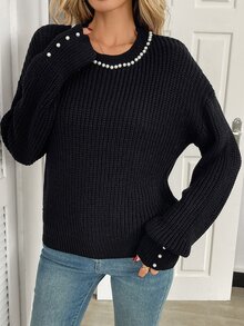 Elyressa Women's Autumn/Winter Faux Pearl Decor Round Neck Long Sleeve Elegant Sweater - Black - View 3