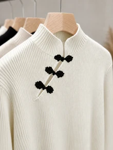SHEIN Franclia Pullover Rajut Lengan Panjang Gaya Cina Baru Warna Polos Kasual Musim Gugur/Dingin untuk Wanita - Putih - View 5