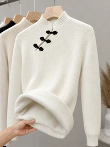SHEIN Franclia Pullover Rajut Lengan Panjang Gaya Cina Baru Warna Polos Kasual Musim Gugur/Dingin untuk Wanita - Putih - View 6