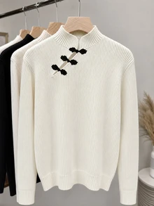 SHEIN Franclia Pullover Rajut Lengan Panjang Gaya Cina Baru Warna Polos Kasual Musim Gugur/Dingin untuk Wanita - Putih - View 7