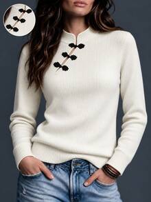 SHEIN Franclia Pullover Rajut Lengan Panjang Gaya Cina Baru Warna Polos Kasual Musim Gugur/Dingin untuk Wanita - Putih - View 1