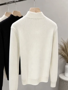 SHEIN Franclia Pullover Rajut Lengan Panjang Gaya Cina Baru Warna Polos Kasual Musim Gugur/Dingin untuk Wanita - Putih - View 2