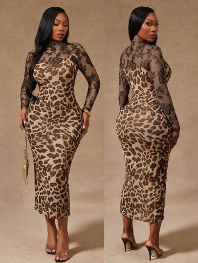 Radiana Plus Size Women's Modern Chic Contrast Lace Leopard Print Fitted Dress, All-Match Versatile, Daily Casual, Street, Shopping, Gathering, Vacation, Beach, Date, Birthday, Graduation, Music Festival, House Party, Party