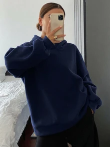 DAZY 秋季新款時尚基礎款連帽休閒保暖內裡女款運動衫連帽衫 - 藏蓝色 - 查看 4
