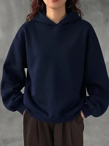 DAZY 秋季新款時尚基礎款連帽休閒保暖內裡女款運動衫連帽衫 - 藏蓝色 - 查看 5