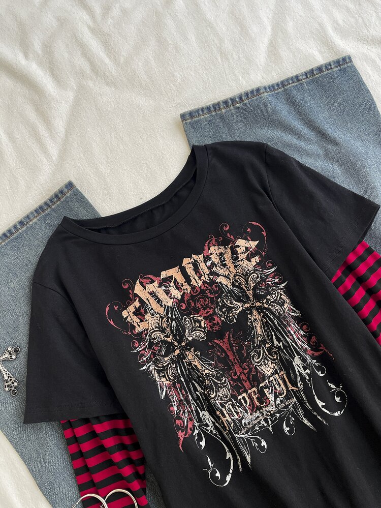 Attitoon Women's Casual Vintage Loose Long Sleeve T-Shirt, Striped Fabric Patchwork, Cross Print, Y2K Style, Vintage, Autumn Clothing, Suitable For Daily Commute, Party, Summer, Christmas, New Year, Thanksgiving, Party, Wedding, Beach, Outing, Date, Valentine's Day, Elegant, Vacation, Y2K - Multicolor - View 4