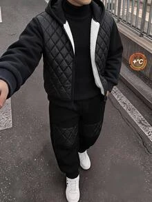 SHEIN 兒童青少年男孩保暖內裡加厚黑色棒球夾克運動褲套裝，連帽衛衣套裝，適合秋冬校園與家庭聚會 - 黑色 - 查看 2
