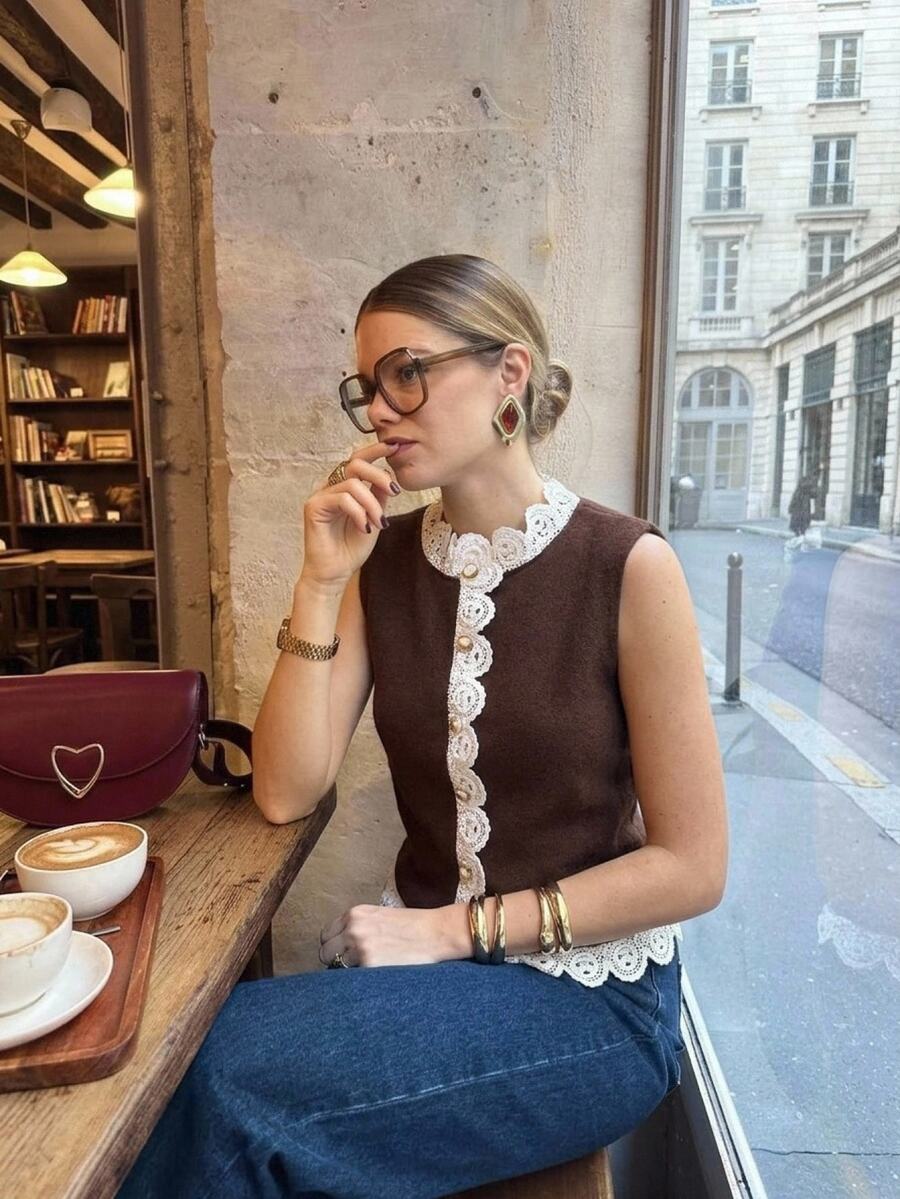 Serisse Women's French Lace Patchwork Button Knit Top - Brown - View 1