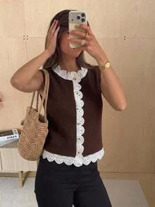 Serisse 女款法式蕾絲拼接鈕扣針織上衣 - 棕色 - 查看 4
