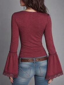 LUMIGAL Kaos Wanita Elegan dengan Motif Renda dan Patchwork untuk Liburan, Kencan, dan Pakaian Sehari-hari - Rose Red - View 2