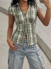 Bitrose Blue Plaid Cap Sleeve Fitted Shirt For Women - Green - View 5
