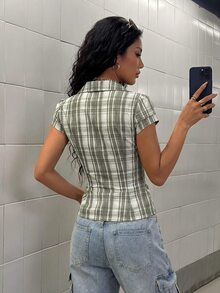 Bitrose Blue Plaid Cap Sleeve Fitted Shirt For Women - Green - View 2