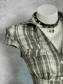 Bitrose Blue Plaid Cap Sleeve Fitted Shirt For Women - Green - View 9