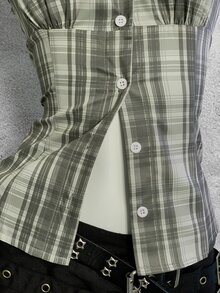 Bitrose Blue Plaid Cap Sleeve Fitted Shirt For Women - Green - View 10