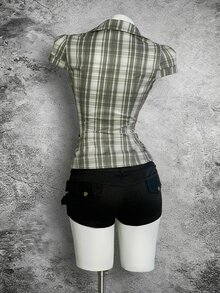 Bitrose Blue Plaid Cap Sleeve Fitted Shirt For Women - Green - View 8