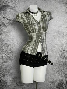 Bitrose Blue Plaid Cap Sleeve Fitted Shirt For Women - Green - View 7