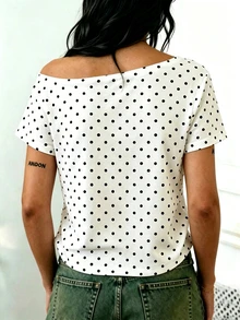 Rovax White And Black Polka Dot Print Cropped Asymmetric Neck Short Sleeve T-Shirt Brunch Vacation Summer Casual - White - View 3