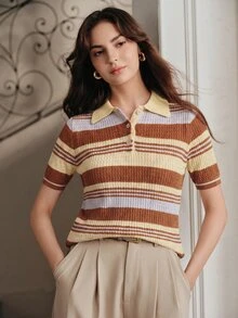 Anewsta 女款夏季條紋針織半開領套頭上衣 慵懶休閒短袖上衣 - 卡其色 - 查看 4