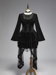 ROMWE Goth Plus Size Fashion Vintage Embroidered Mesh Patchwork Bell Sleeve Two Pieces Set - Black - View 2
